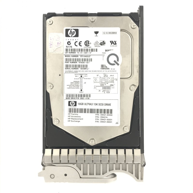 HP D9421A 18.2GB 15K ULTRA3 SCSI HOTSWAP DRIVE D9421-60000 D9421-63001 D9421-69001 0950-4136 ST318452LC 9T4006-021