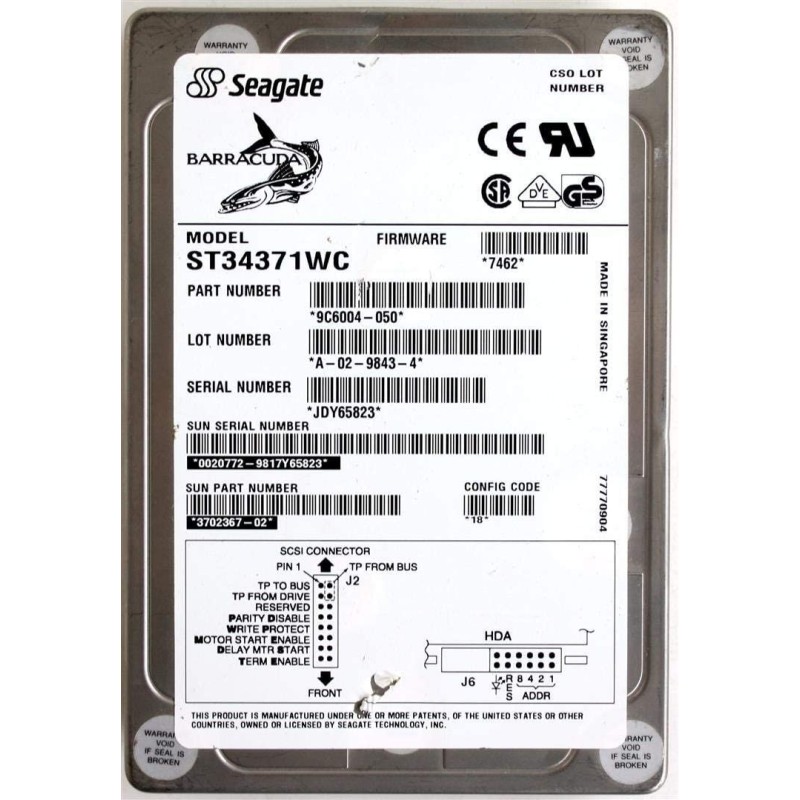 SUN ST34371WC 4.36GB SCSI ULTRA-WIDE 3.5LP 8/9MS 7200RPM BARRACUD 370-2367-02 9C6004-050 540-2938-02